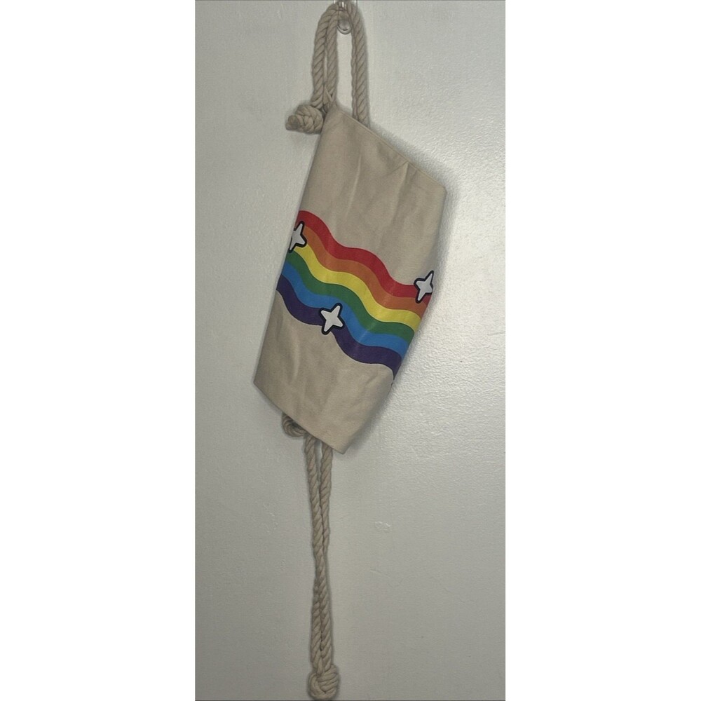 New Snap Chat Colorful Rainbow Tote Bag Canvas Rope Backpack Beach Never Used - Picture 2 of 4